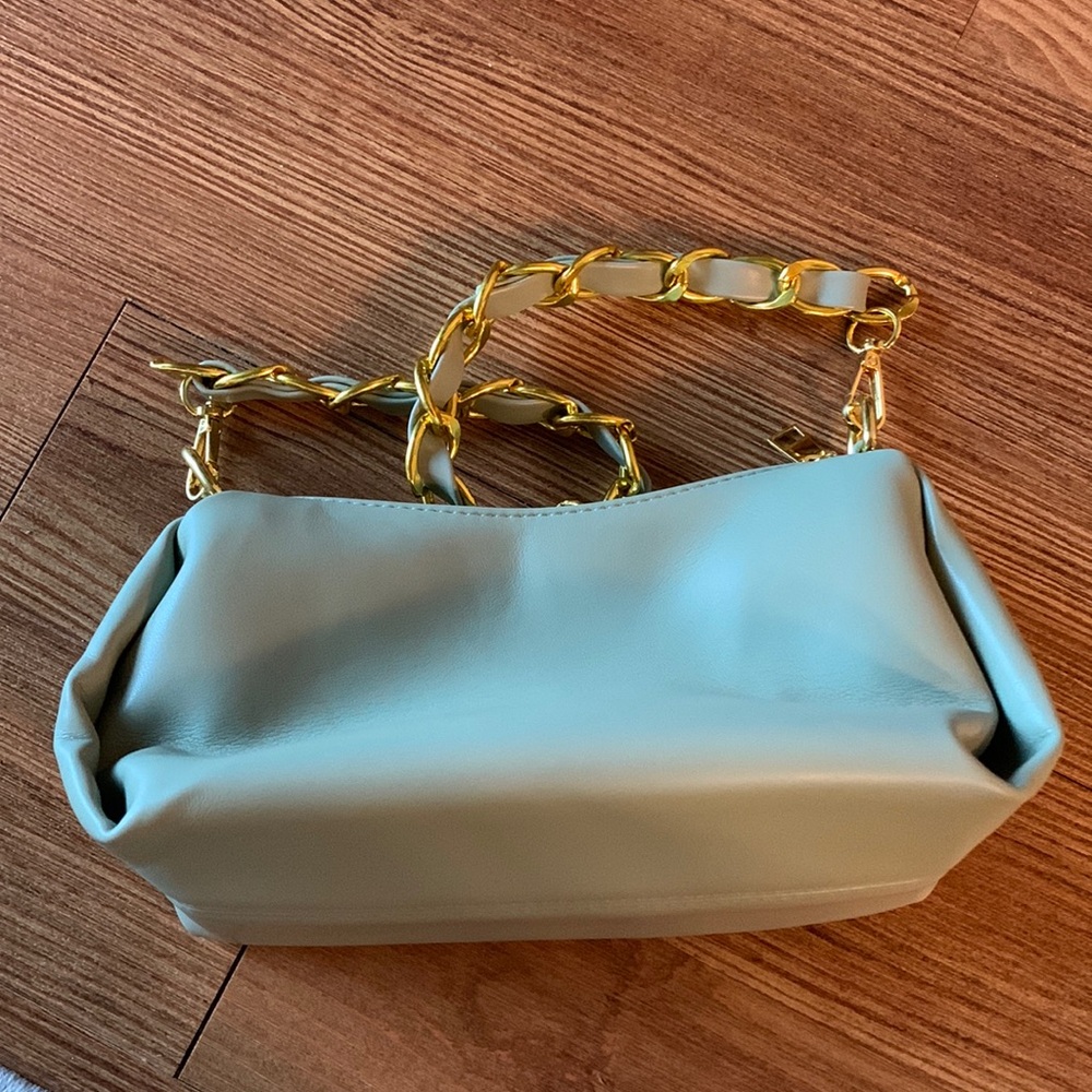 adorable light green bag with gold hardware